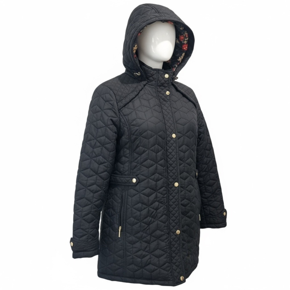 Waterproof Black Quilted Hooded Jacket with Floral Lining size XXL